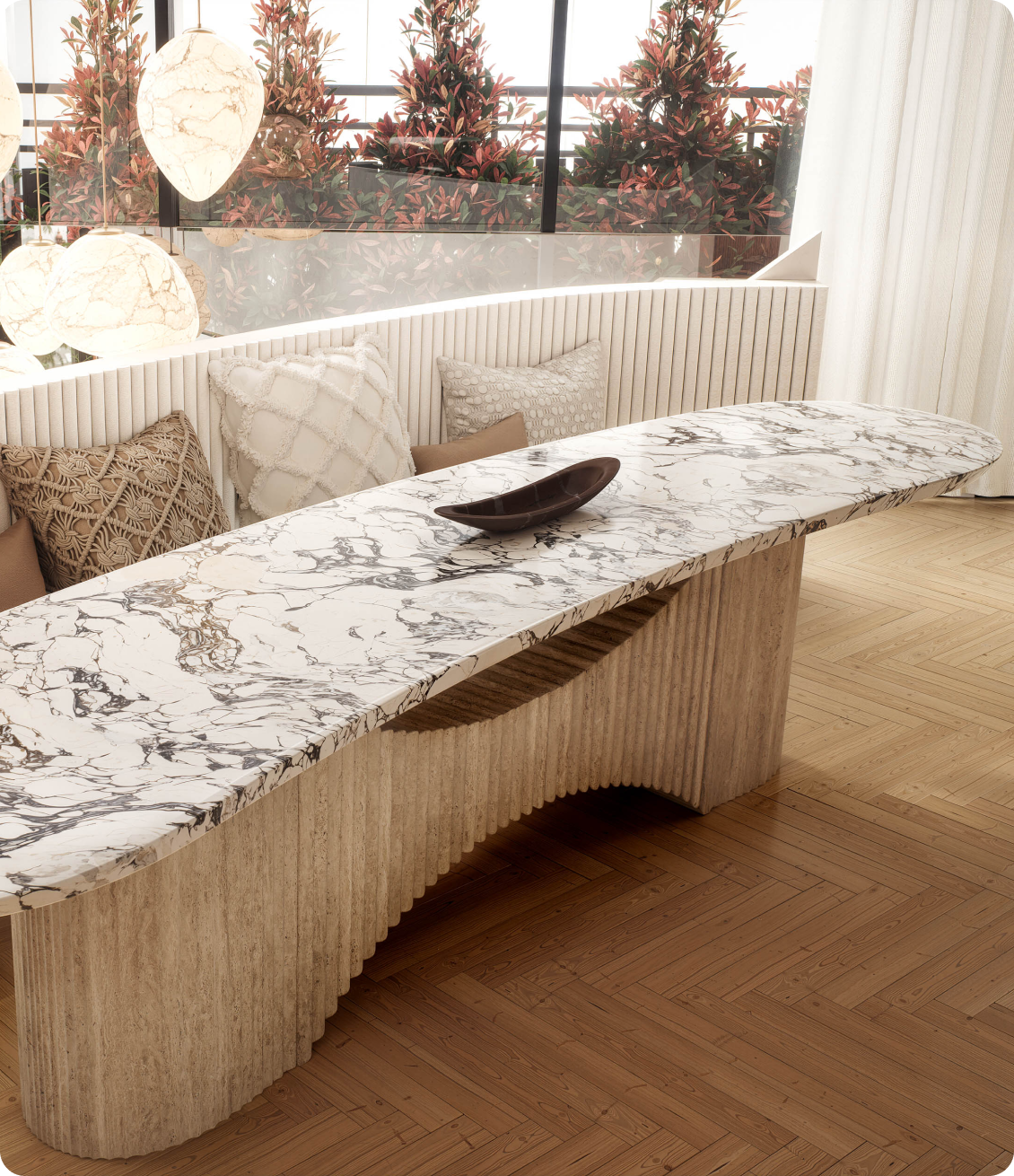 Luxury dining table featuring sculptural marble surface and curved base at 70 Cobden Melbourne by Albert Living.