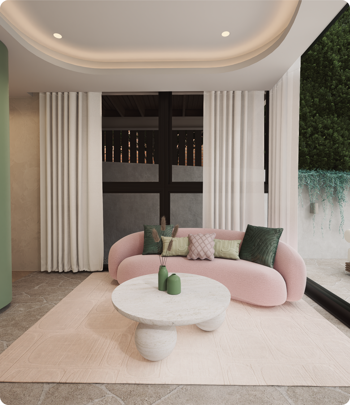 Luxury entertainment area featuring curved sofa and full height glazing at 70 Cobden by Albert Living, an architectural home in Kew Victoria.