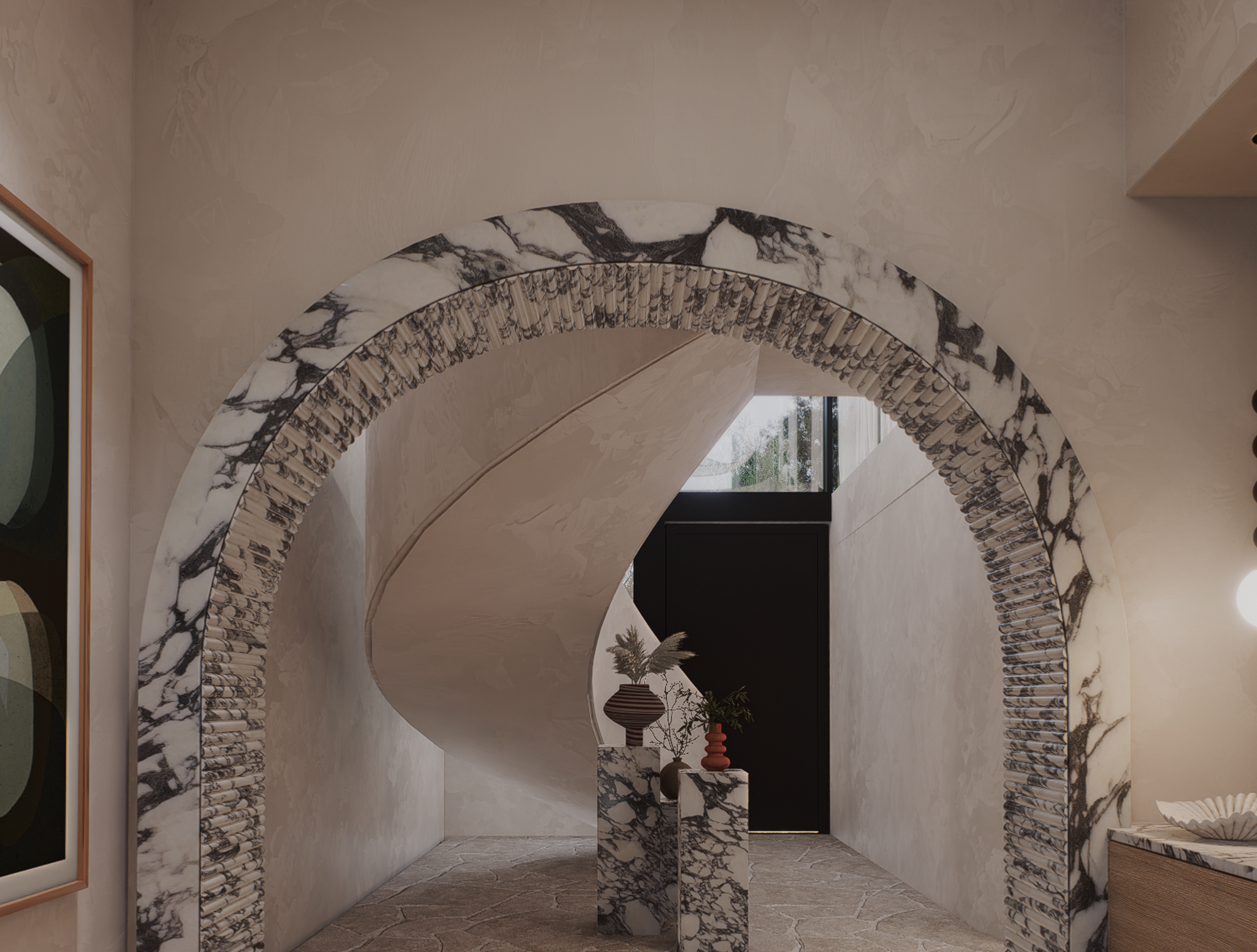 Luxury foyer featuring Arabescato Cielo marble arch and curved architectural design at 70 Cobden by Albert Living, an architectural home in Kew Victoria.