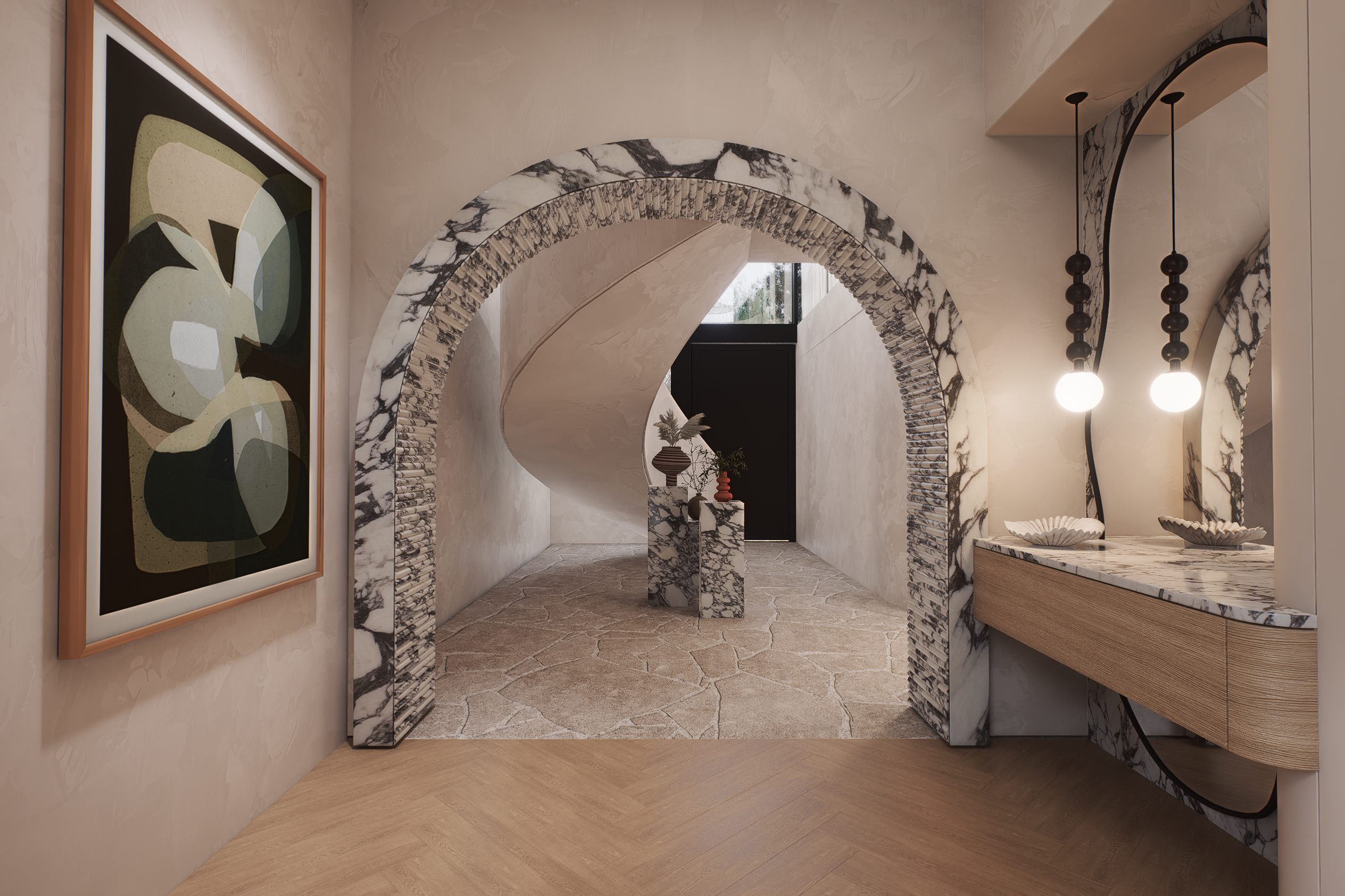 Luxury foyer featuring Arabescato Cielo marble arch and curved architectural design at 70 Cobden by Albert Living, an architectural home in Kew Victoria.