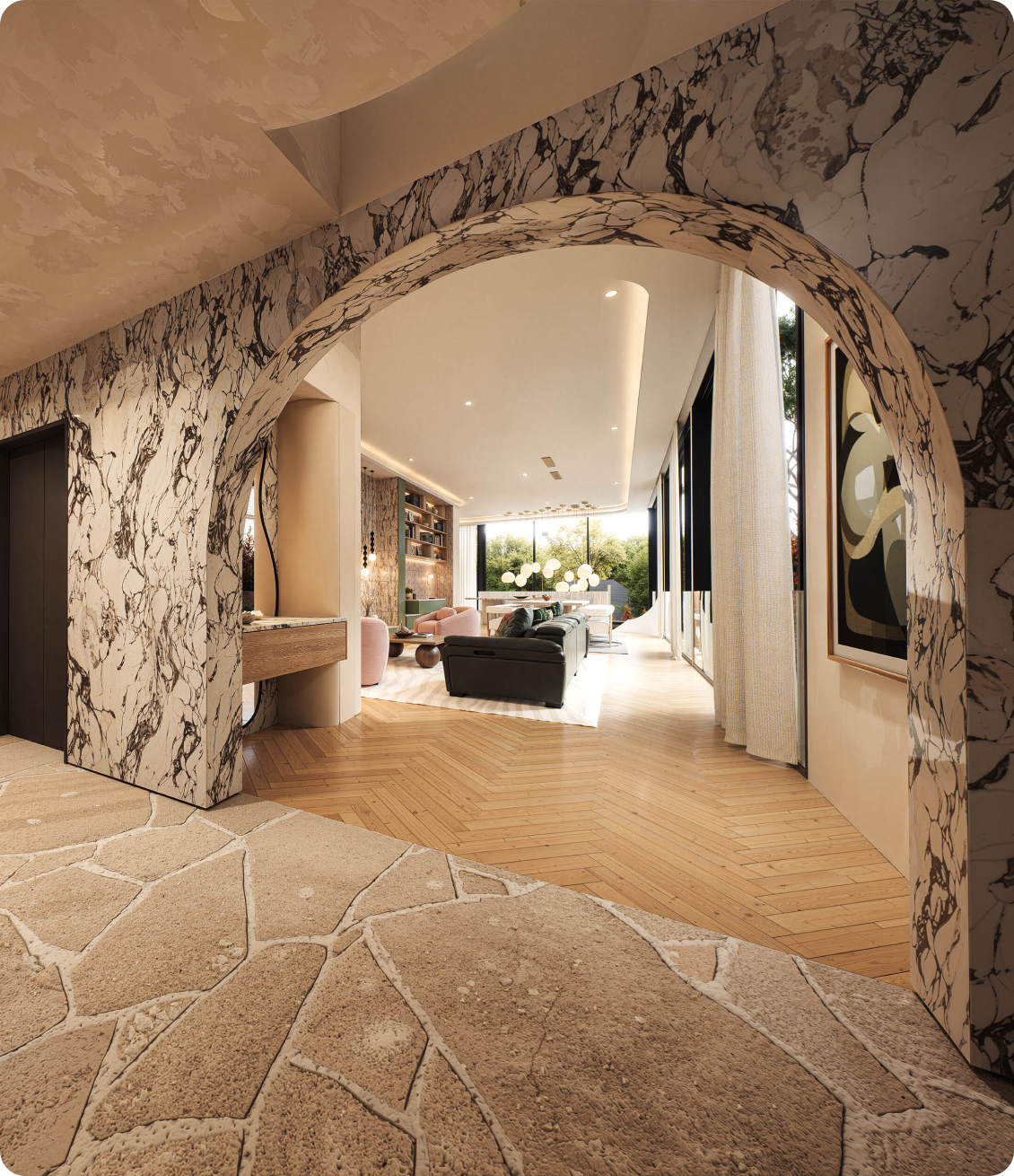 Custom Luxury foyer featuring arched hallway and natural stone flooring at 70 Cobden Melbourne by Albert Living.