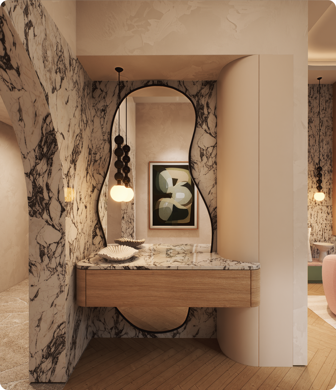 Luxury foyer featuring Arabescato Cielo marble vanity and sculptural mirror at 70 Cobden by Albert Living, a modern luxury residence in Kew Melbourne.