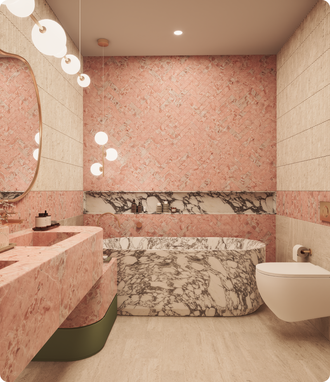 Luxury ensuite featuring pink herringbone marble and sculptural vanity at 70 Cobden by Albert Living, an architectural home in Kew Victoria.