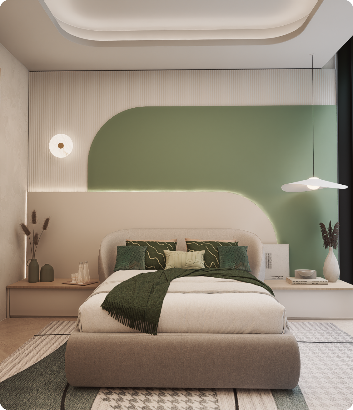 Luxury bedroom featuring green feature wall and modern styling at 70 Cobden by Albert Living, a modern luxury residence in Kew Melbourne.