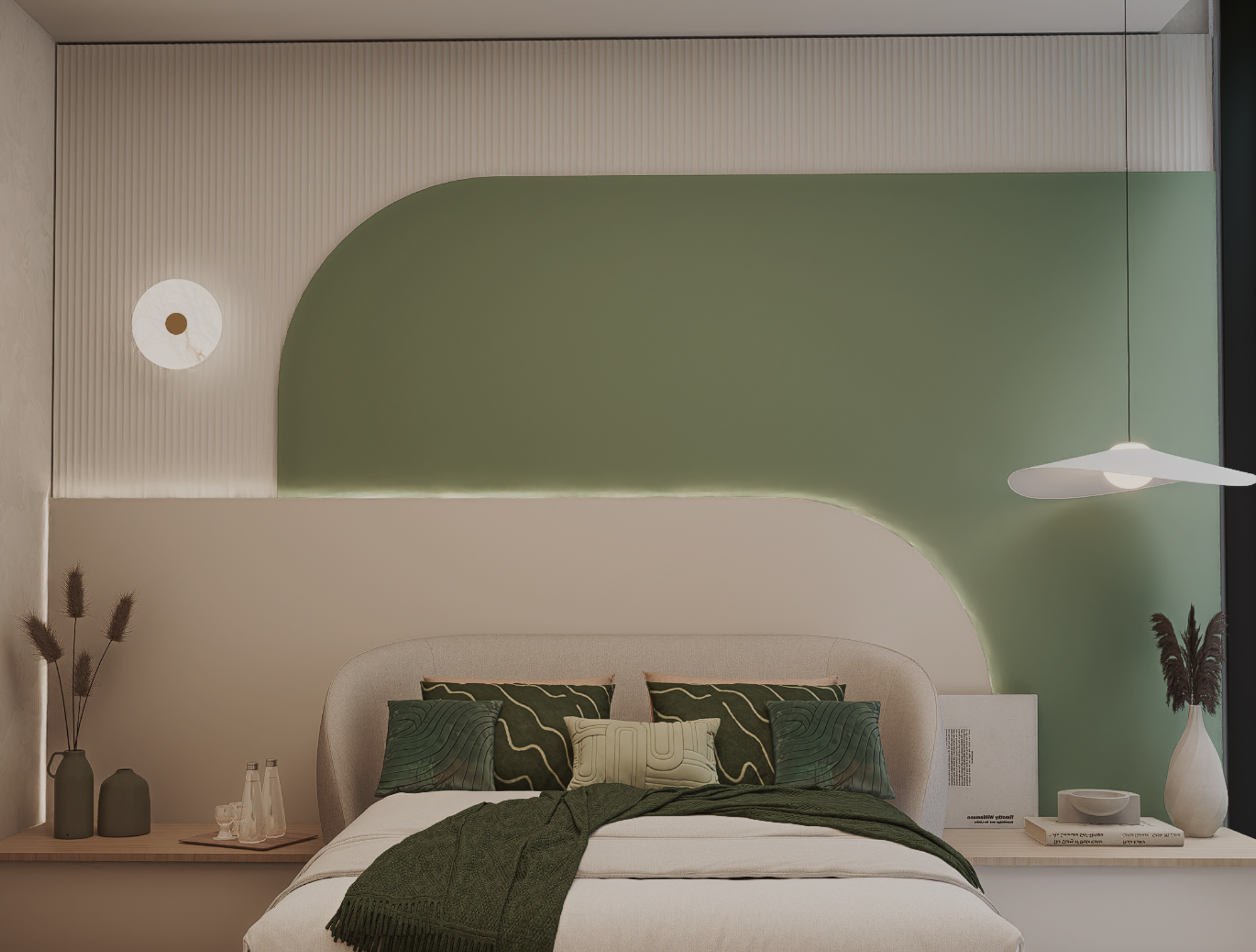 Luxury bedroom featuring green feature wall and modern styling at 70 Cobden by Albert Living, a modern luxury residence in Kew Melbourne.