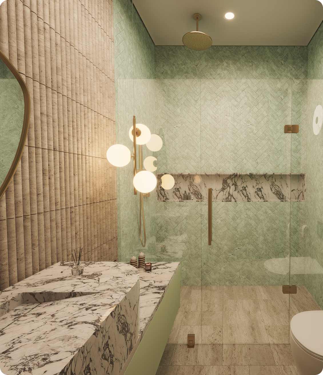 Luxury ensuite featuring green herringbone and marble vanity at 70 Cobden by Albert Living, a modern luxury residence in Kew Melbourne.