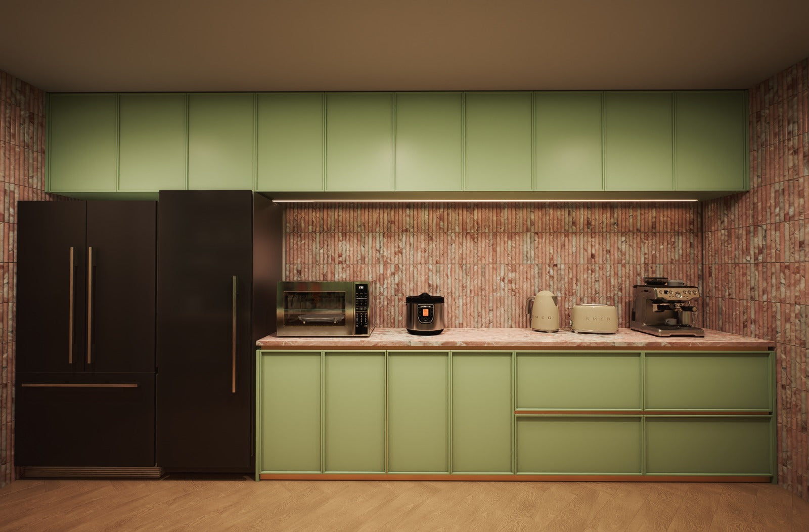Luxury kitchen featuring appliance wall and green cabinetry at 70 Cobden by Albert Living, an architectural home in Kew Victoria.