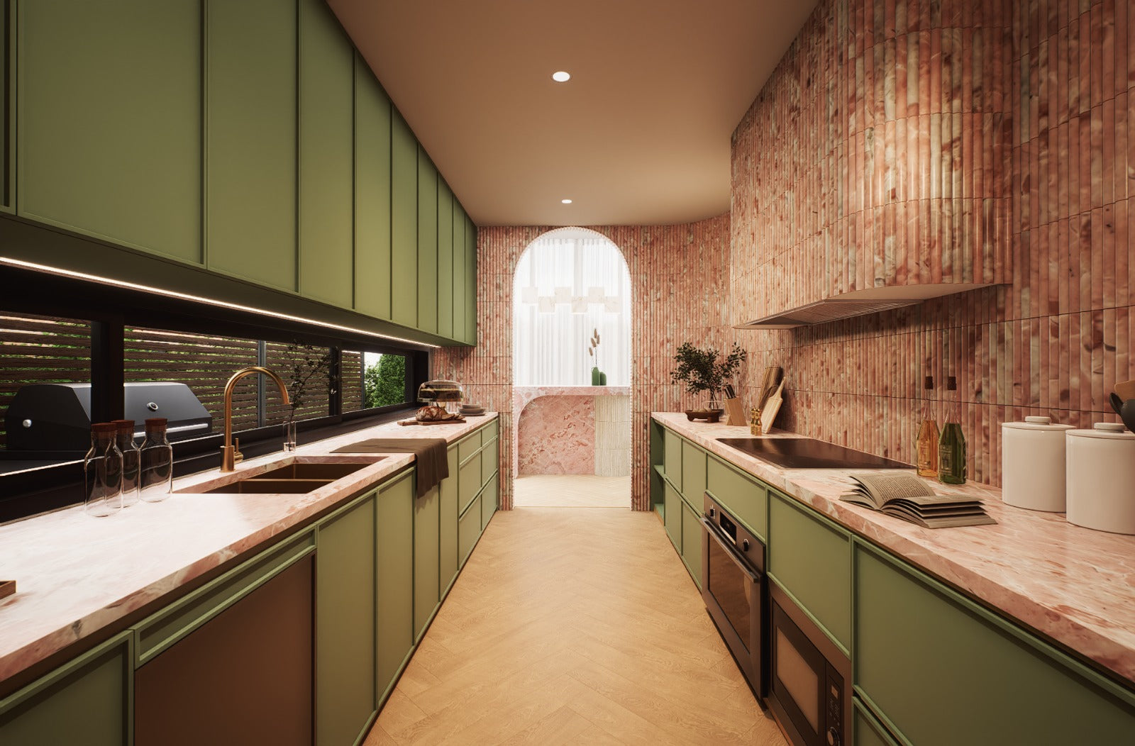 Luxury kitchen featuring corridor layout and marble benchtop at 70 Cobden by Albert Living, a custom home in Kew Melbourne