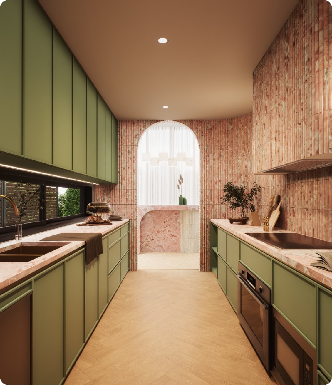 Luxury kitchen featuring corridor layout and marble benchtop at 70 Cobden by Albert Living, a custom home in Kew Melbourne.