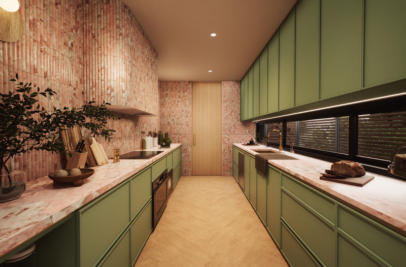 Luxury kitchen featuring galley layout and green cabinetry at 70 Cobden by Albert Living, an architectural home in Kew Victoria.
