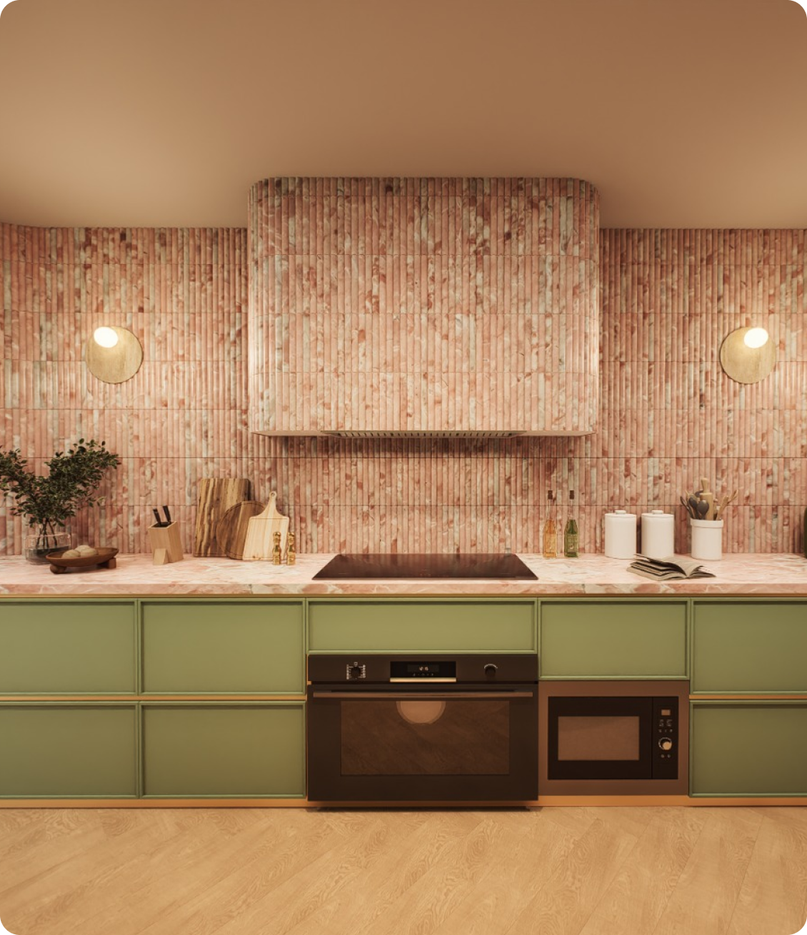 Luxury kitchen featuring green cabinetry and marble splashback at 70 Cobden by Albert Living, a luxury home in Hawthorn Melbourne.