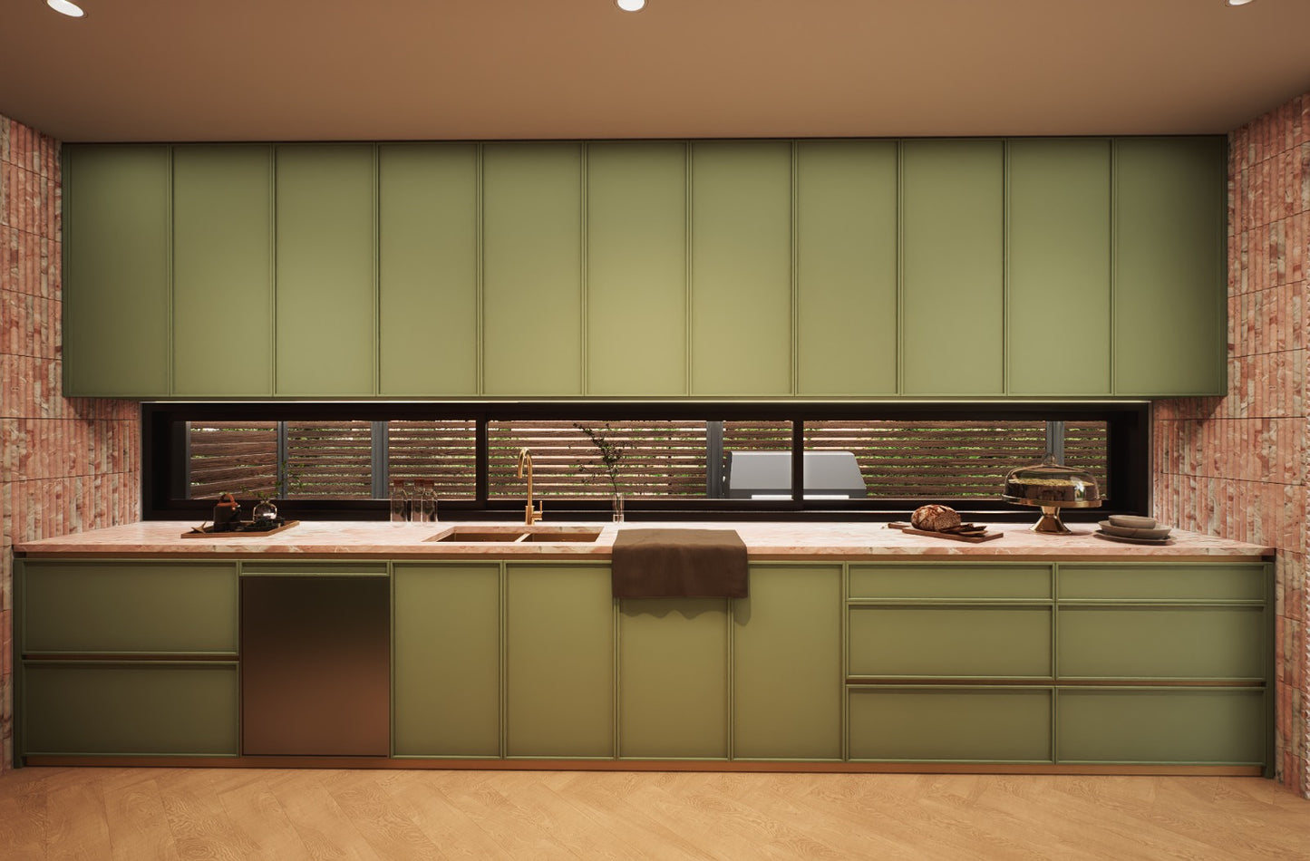 Luxury kitchen featuring sink area and green cabinetry at 70 Cobden by Albert Living, a modern luxury residence in Kew Melbourne.