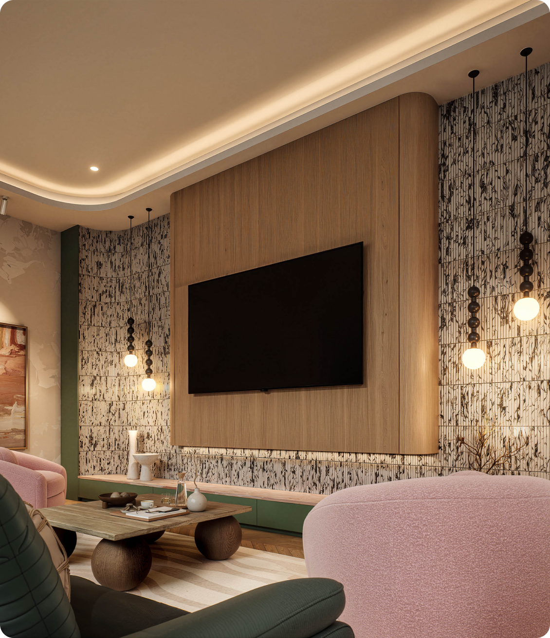 Luxury living room featuring marble feature wall and built in shelving at 70 Cobden Melbourne by Albert Living.