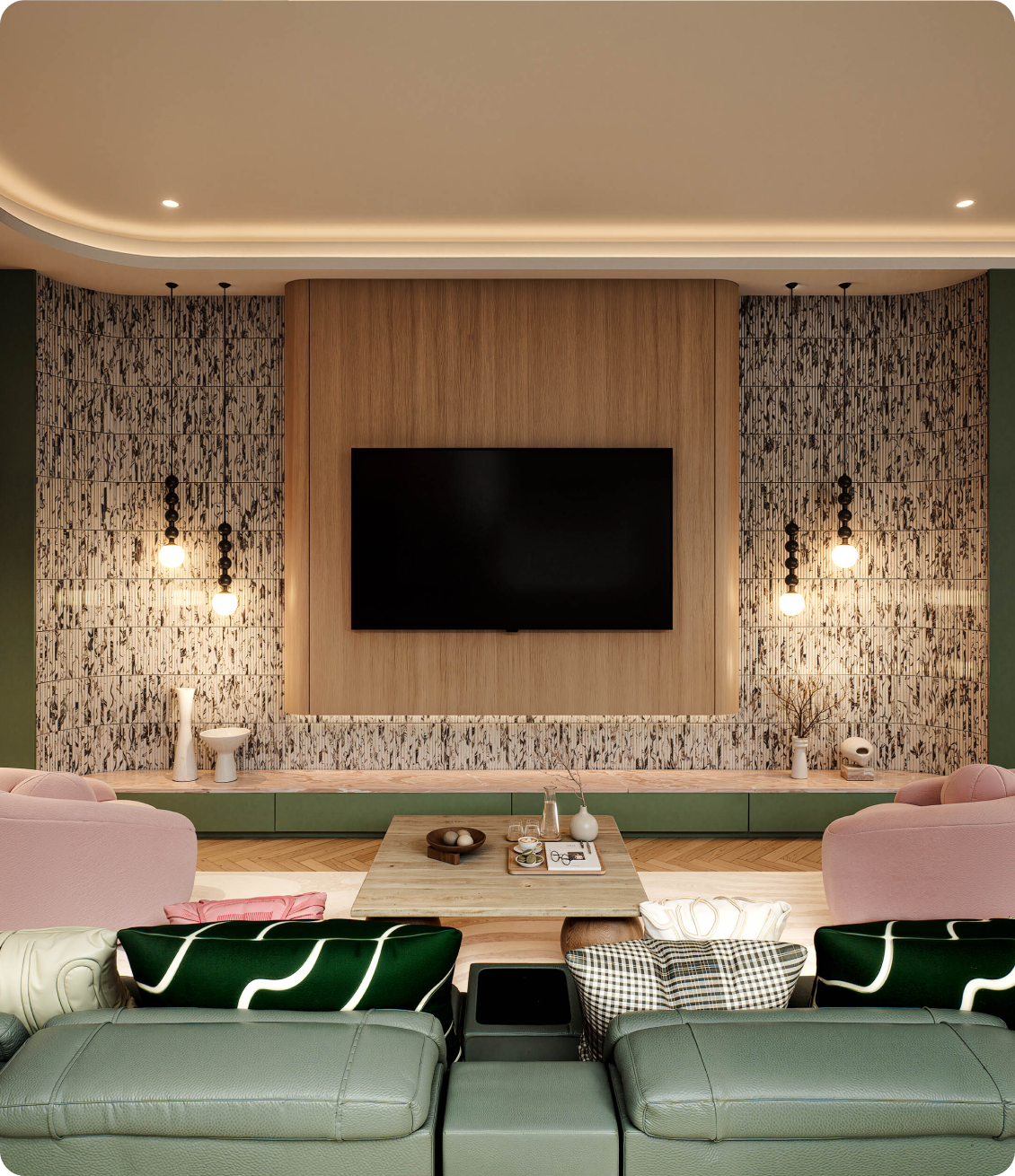 Luxury living room interior with modern lounge and custom joinery at 70 Cobden Kew Melbourne by Albert Living