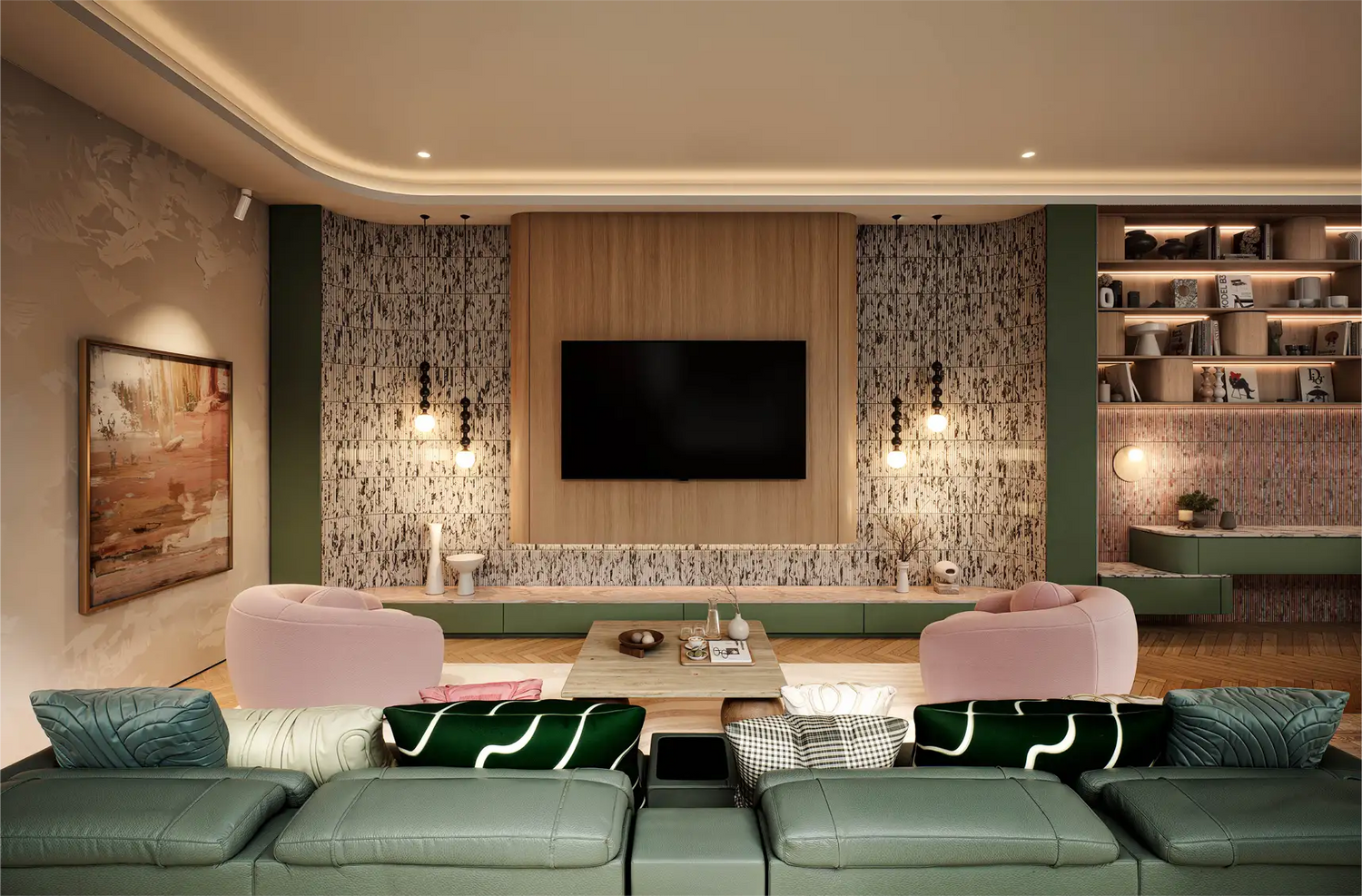 Luxury living room featuring Arabescato Cielo Marble Fluted Wall Tiles detailing at 70 Cobden by Albert Living, luxury home Kew, Melbourne