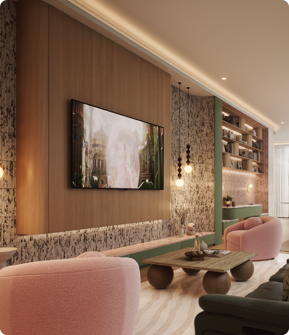 Luxury living room featuring tv wall and custom joinery at 70 Cobden by Albert Living, a luxury home in Hawthorn Melbourne.
