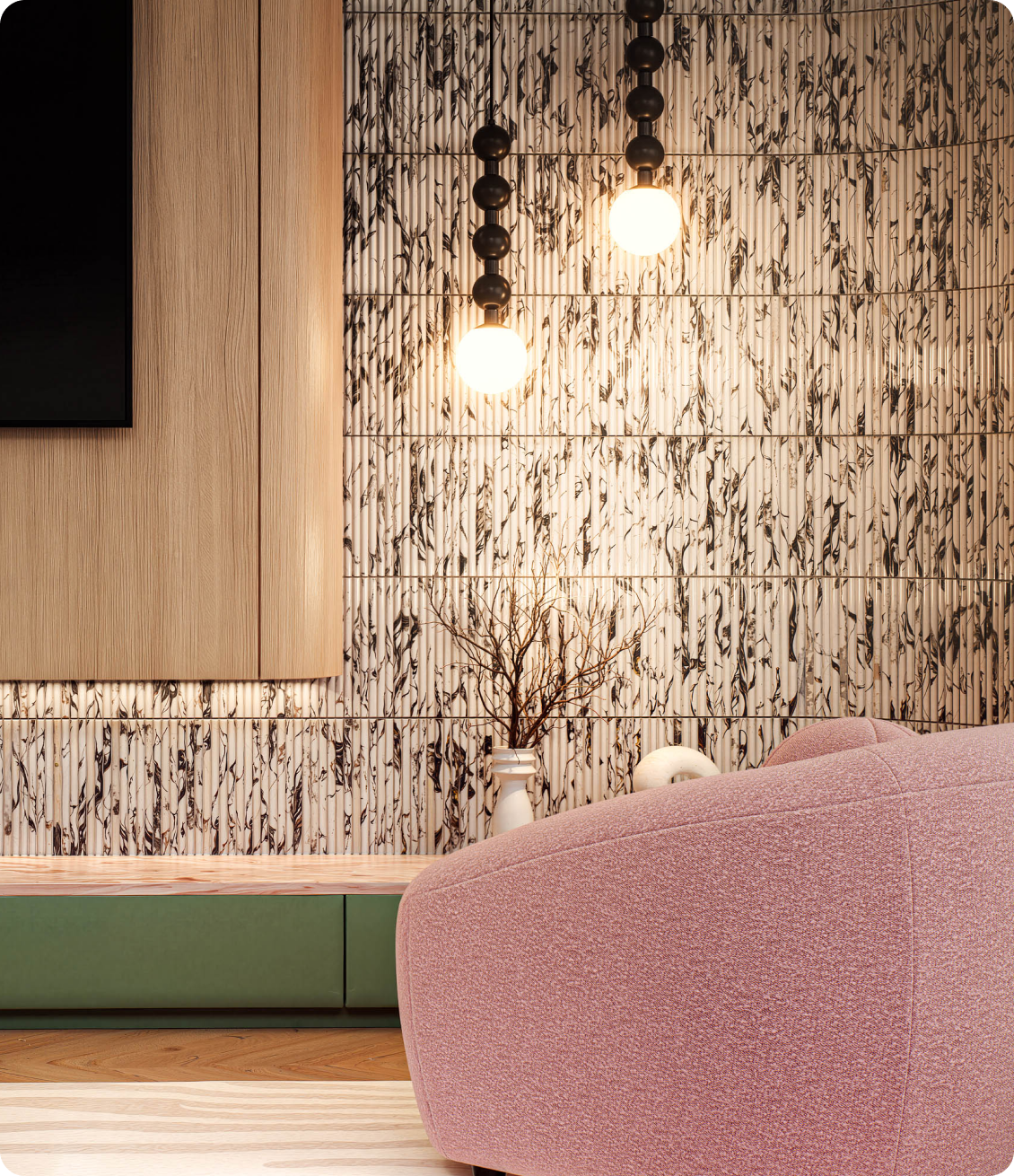 Luxury living room featuring marble tv wall and custom joinery at 70 Cobden Melbourne by Albert Living.