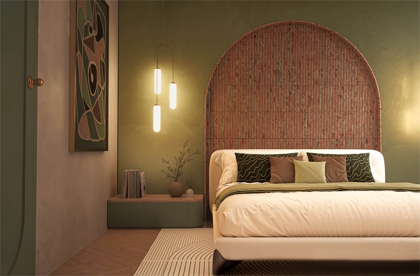 Luxury master bedroom featuring arched headboard wall and soft lighting at 70 Cobden Melbourne by Albert Living.