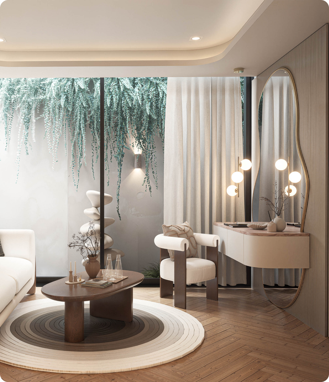 Luxury master bedroom lounge featuring curved sofa and soft ambient lighting at 70 Cobden Melbourne by Albert Living.