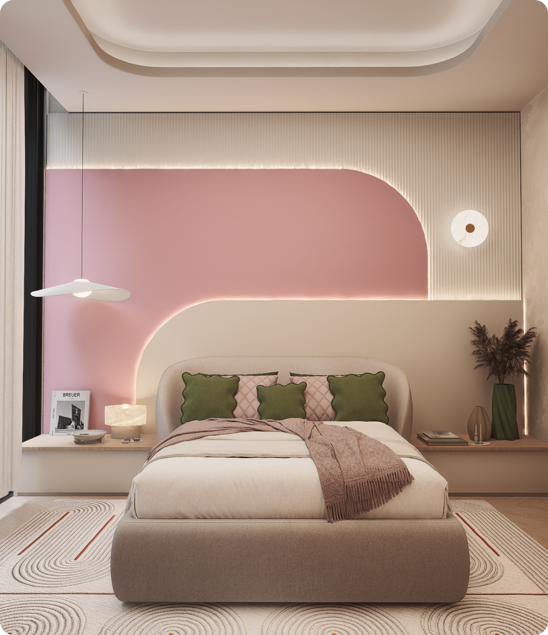 Luxury master bedroom featuring pink feature wall and soft finishes at 70 Cobden by Albert Living, an architectural home in Hawthorn Victoria.
