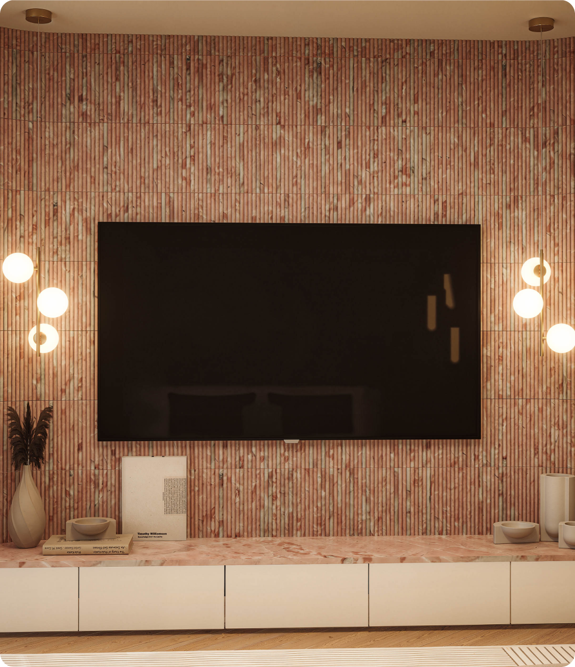 Luxury master bedroom featuring marble tv wall and warm lighting at 70 Cobden Melbourne by Albert Living.