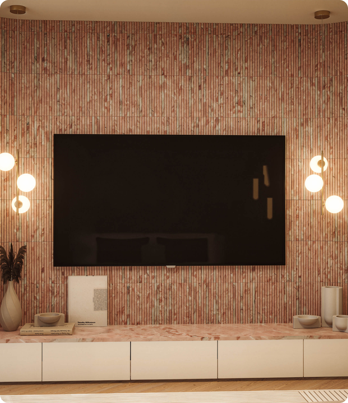 Luxury master bedroom featuring marble tv wall and warm lighting at 70 Cobden Melbourne by Albert Living.
