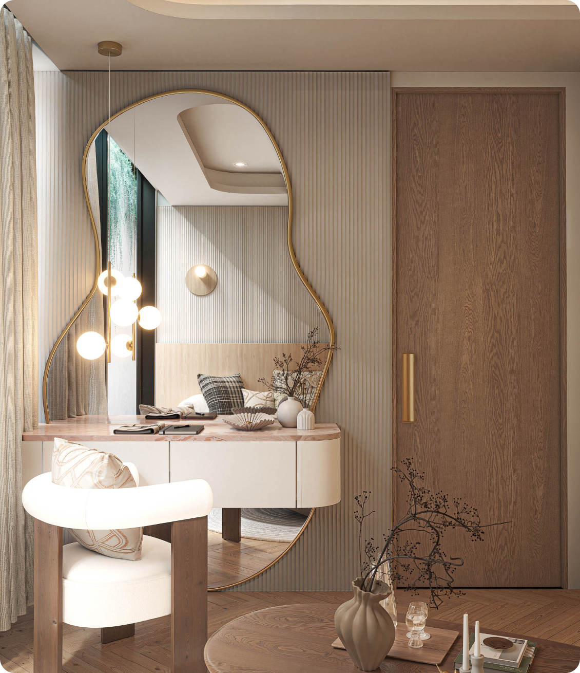 Luxury master bedroom vanity featuring sculptural mirror and marble benchtop at 70 Cobden Melbourne by Albert Living.