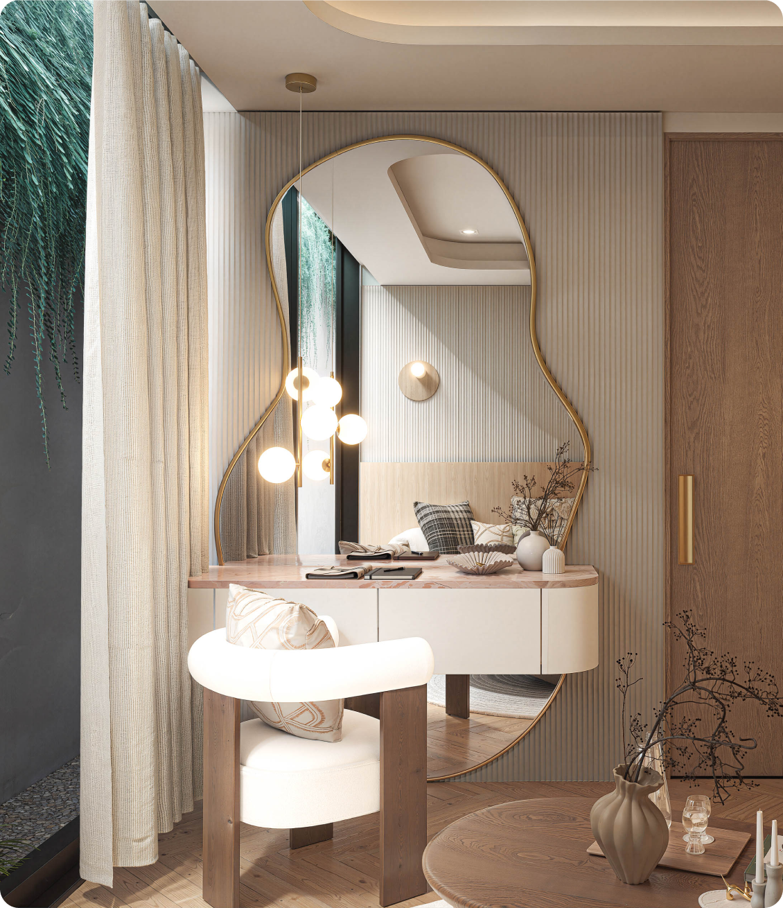 Luxury master bedroom vanity featuring sculptural mirror and marble benchtop at 70 Cobden Melbourne by Albert Living.