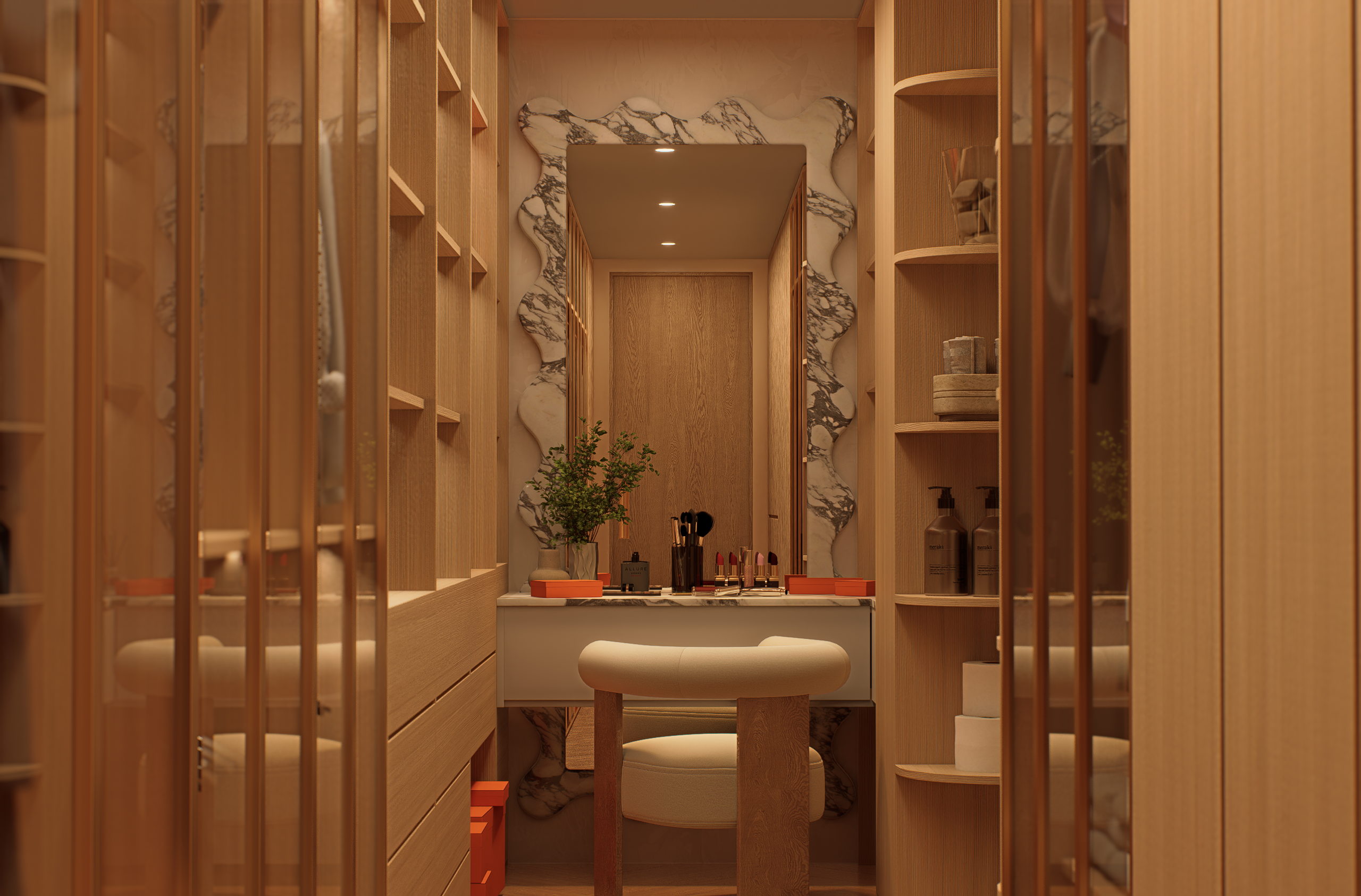 Luxury walk in robe featuring vanity area and custom shelving at 70 Cobden by Albert Living, a modern luxury residence in Kew Melbourne.