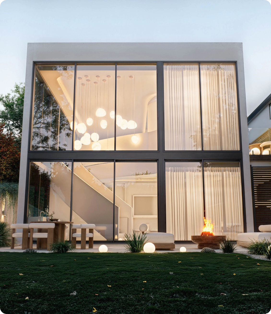 Luxury modern home facade featuring full height glazing and garden outlook at 70 Cobden by Albert Living, a custom home in Hawthorn Melbourne.