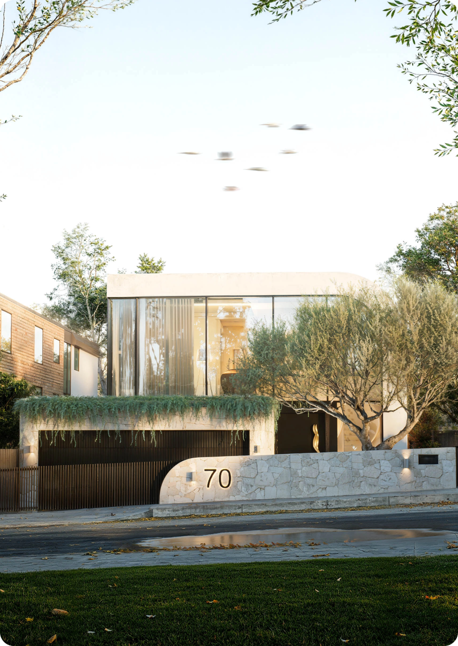 Luxury modern home facade featuring curved glazing and stone frontage at 70 Cobden Melbourne by Albert Living