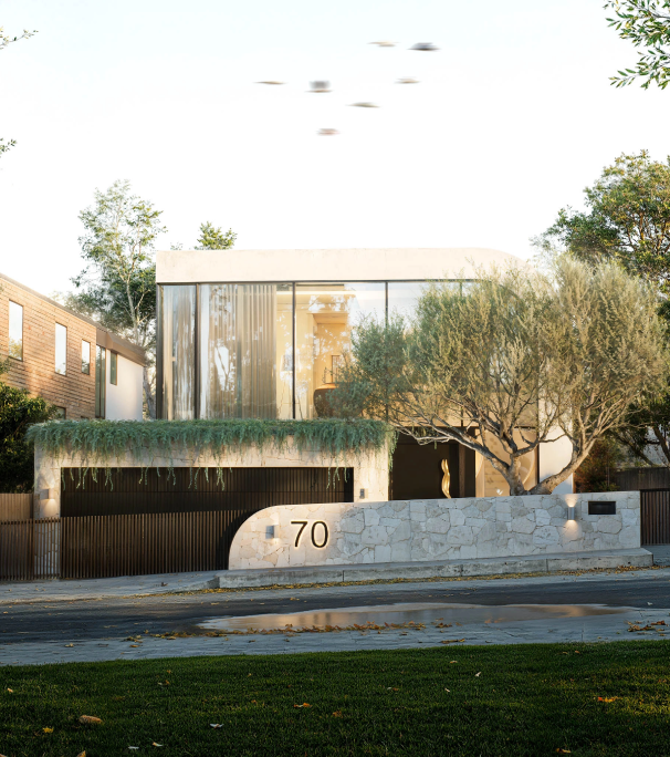 Luxury modern home facade featuring curved glazing and stone frontage at 70 Cobden Melbourne by Albert Living.