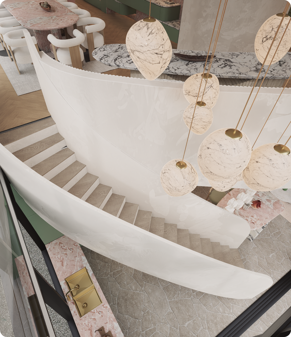 Luxury staircase featuring sculptural design and open void at 70 Cobden by Albert Living, a modern luxury residence in Kew Melbourne.