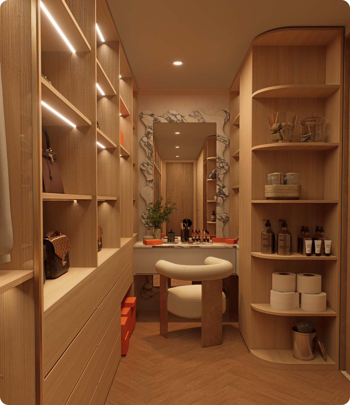 Luxury walk in robe featuring custom joinery and shelving at 70 Cobden by Albert Living, a custom home in Hawthorn Melbourne.