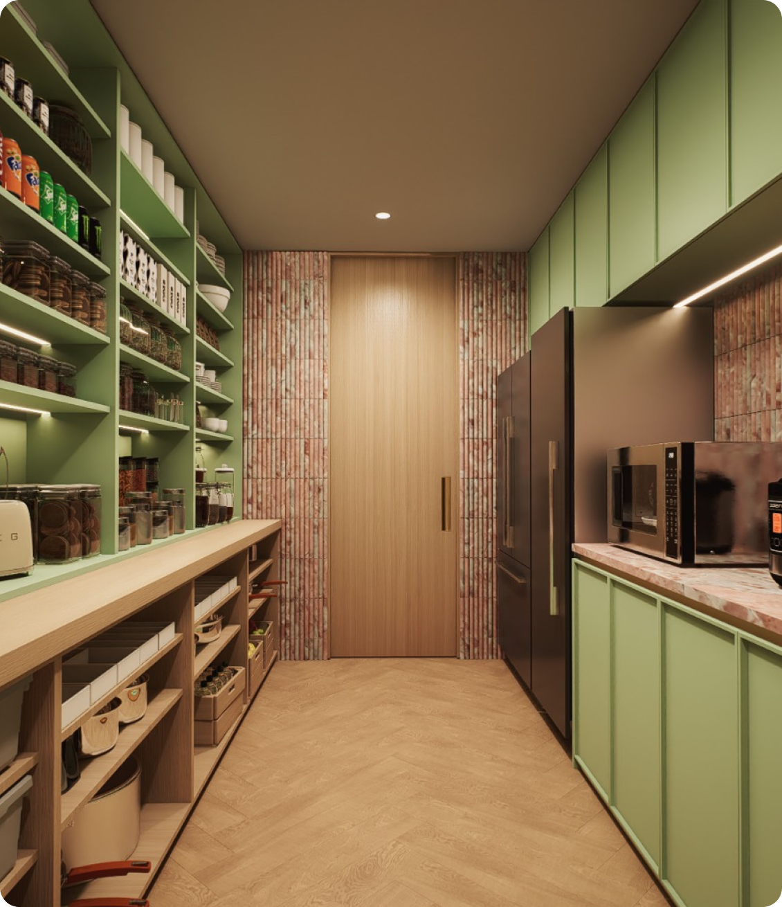 Luxury kitchen featuring green cabinetry and marble splashback at 70 Cobden by Albert Living, a modern luxury residence in Kew Melbourne.