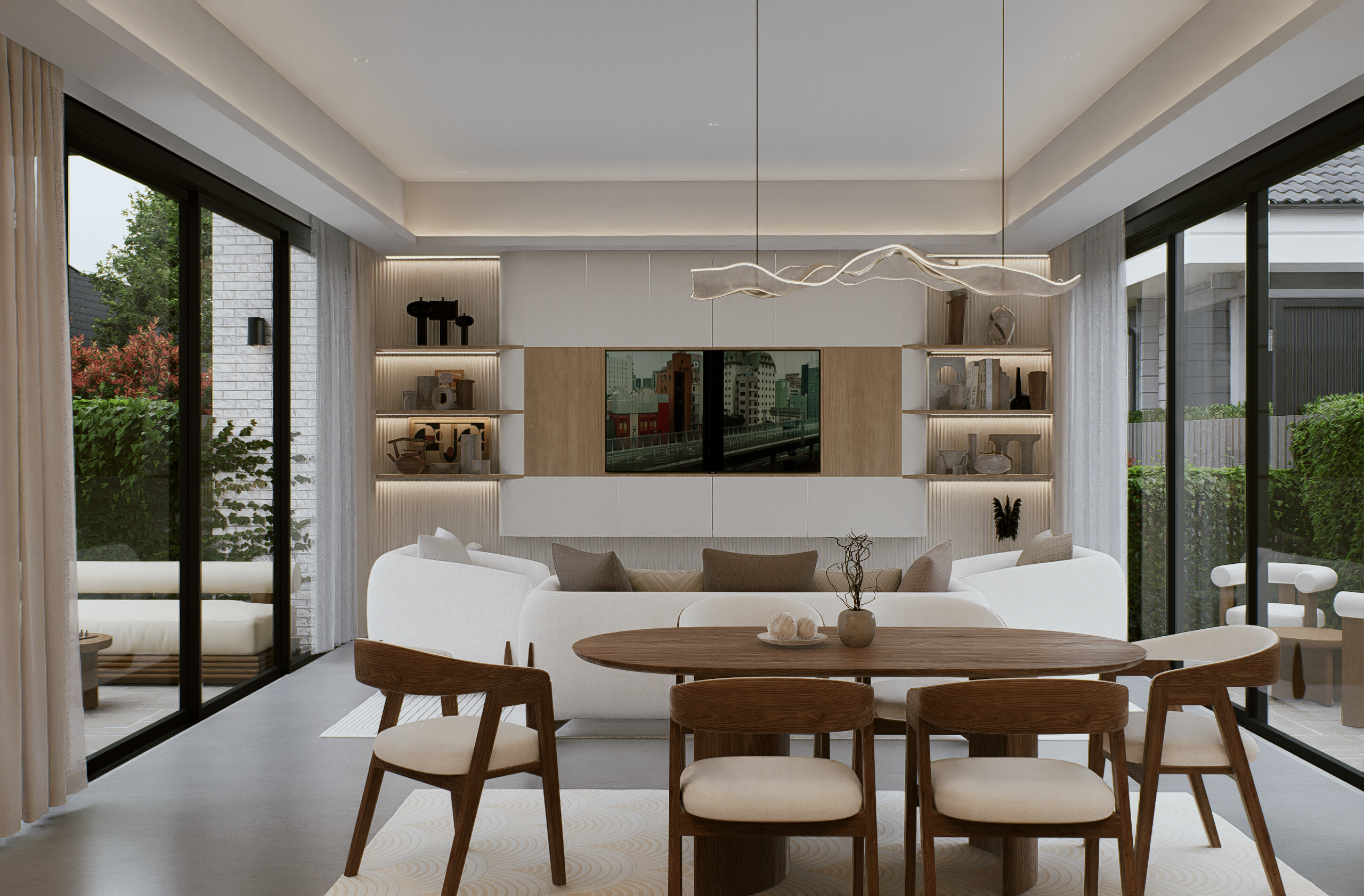 Open-plan living room with custom joinery and integrated furniture — 100 Derby, Kew Melbourne | Albert Living