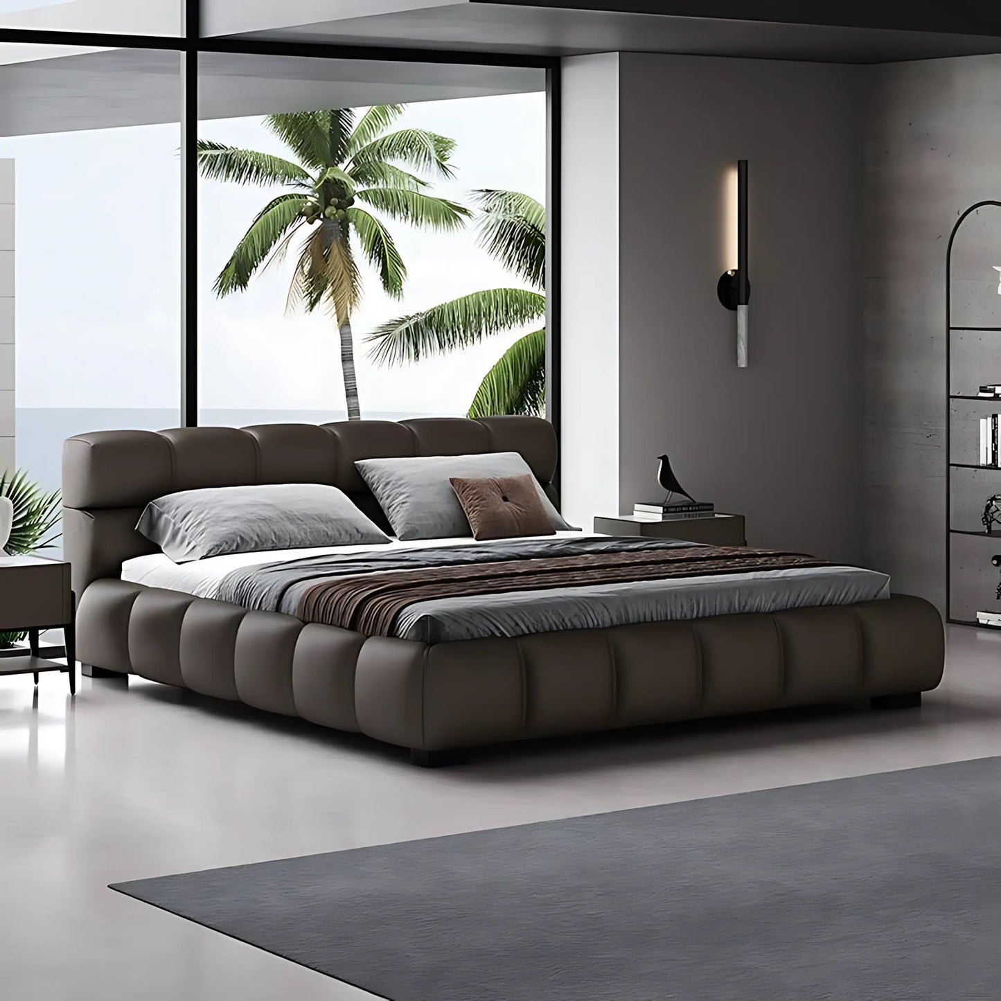 Genuine Leather Up-holstered king Size Bed Luxury Wooden Queen Bed Frame
