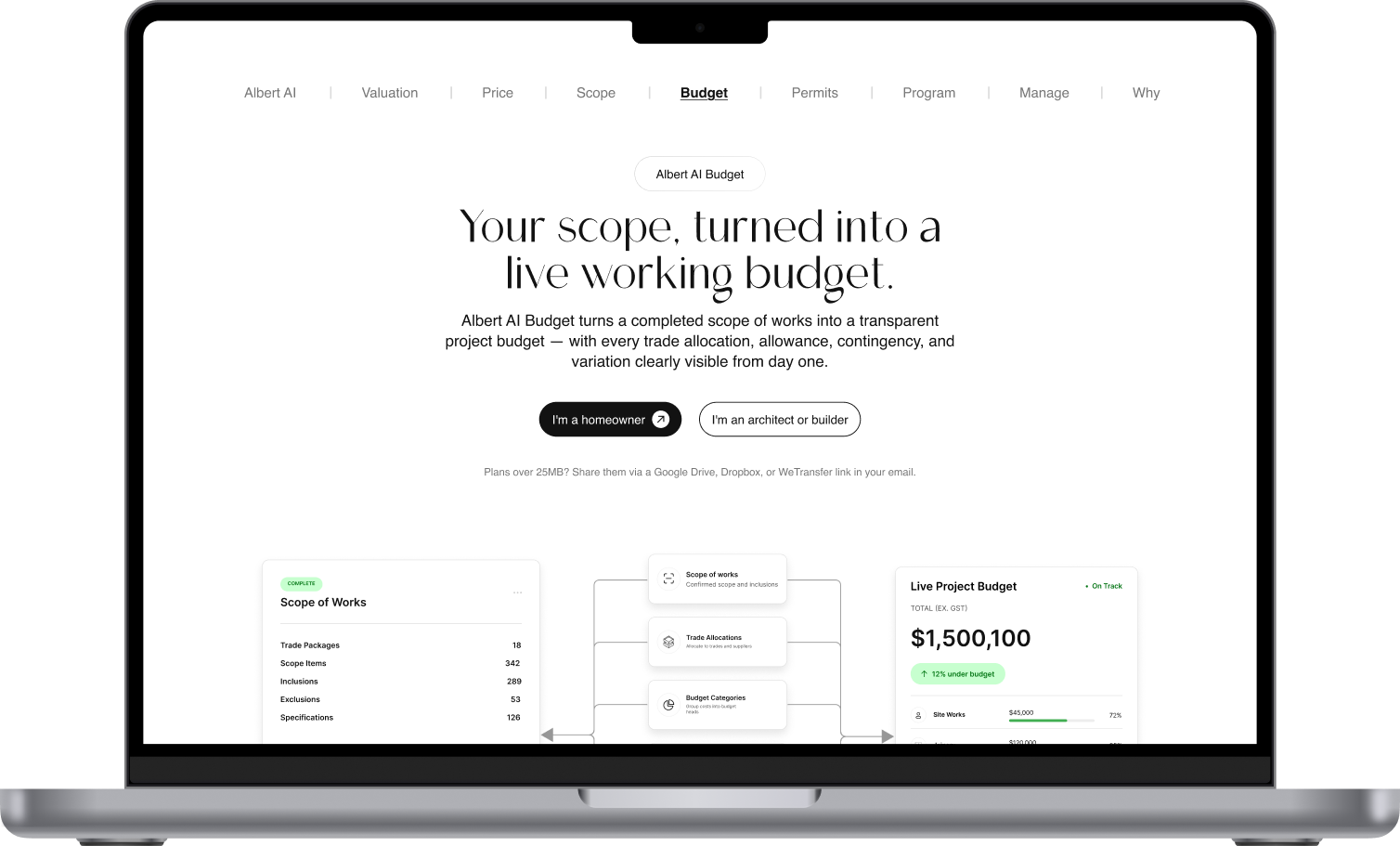 Albert AI Budget turns a completed scope of works into a transparent project budget — with every trade allocation, allowance, contingency, and variation clearly visible from day one.