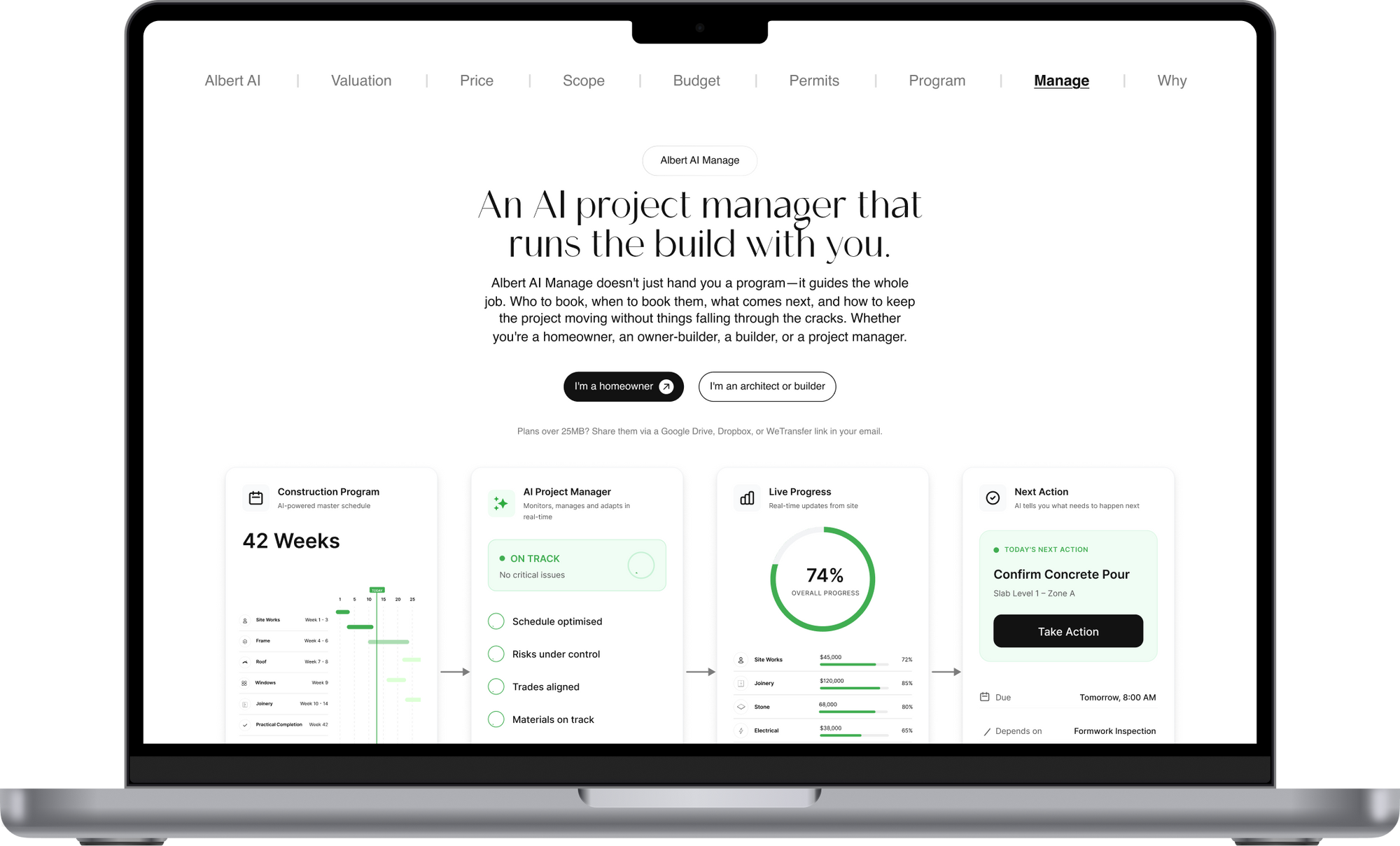 Turn your construction program into a live project management system that guides every booking, milestone, inspection, and next action throughout your build.