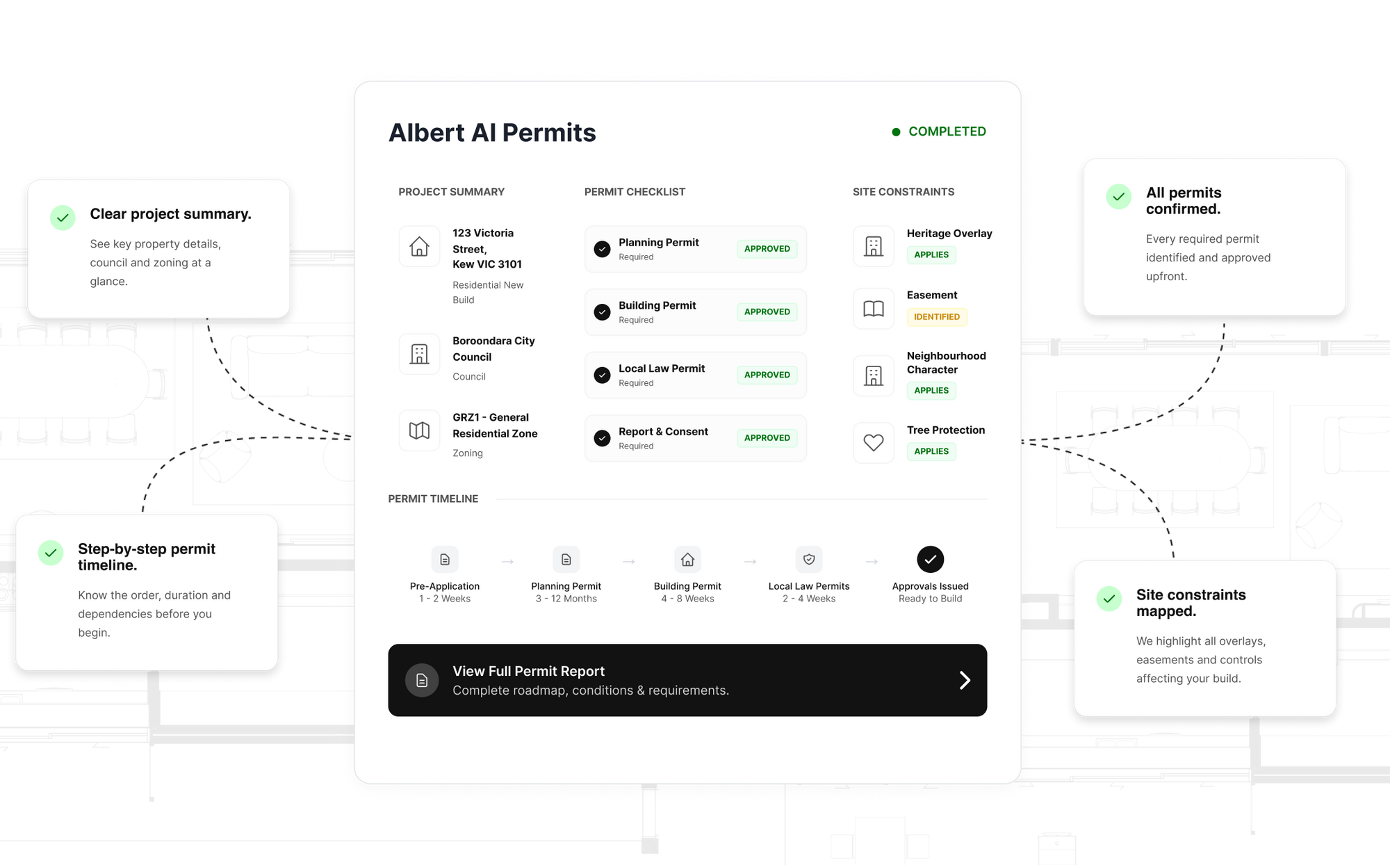 Albert AI Permits report showing required approvals, site constraints, permit sequence, and project readiness before construction.