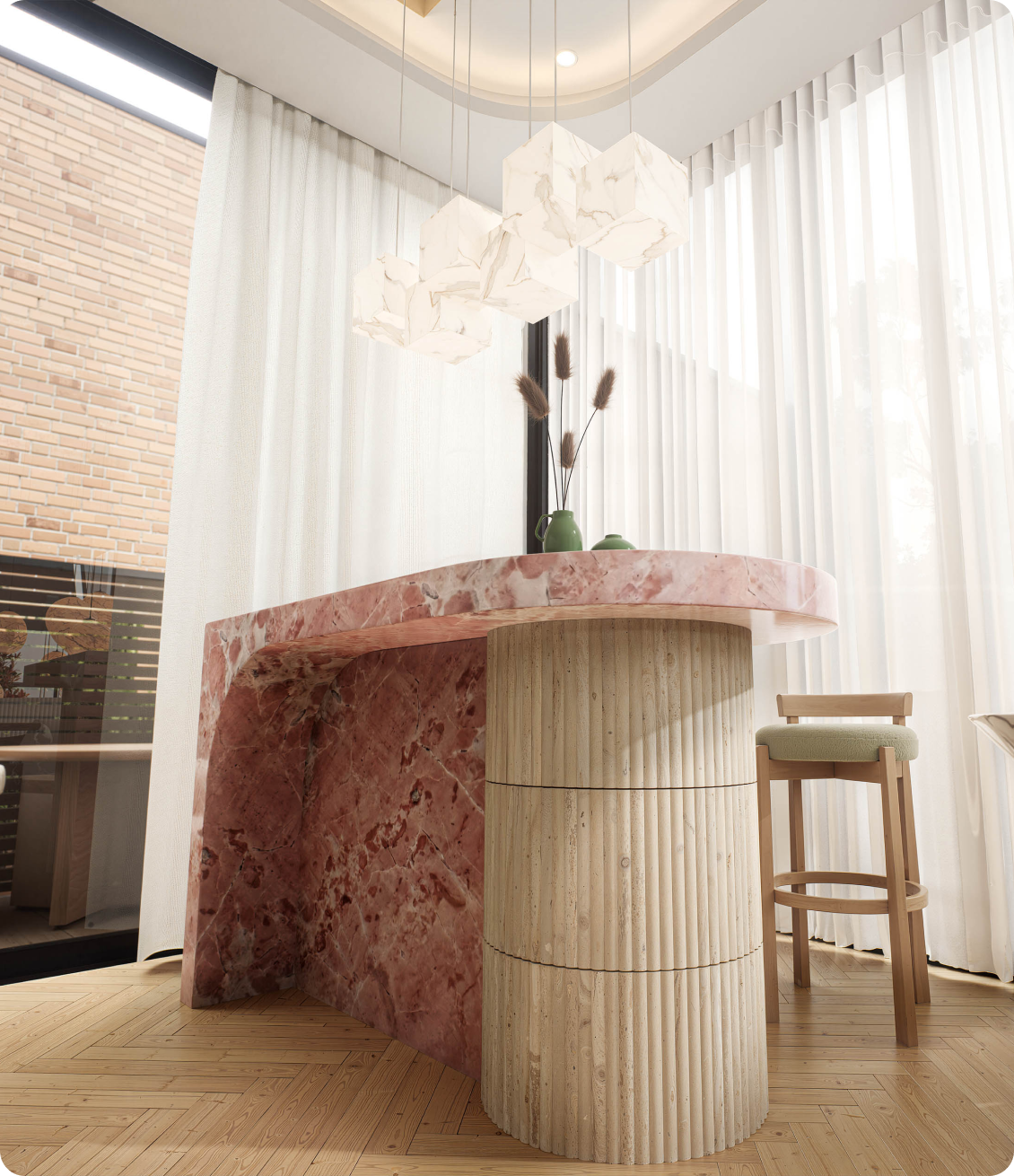 An architect-designed breakfast bar featuring sculptural marble counter and curved seating at 70 Cobden, Melbourne by Albert Living.
