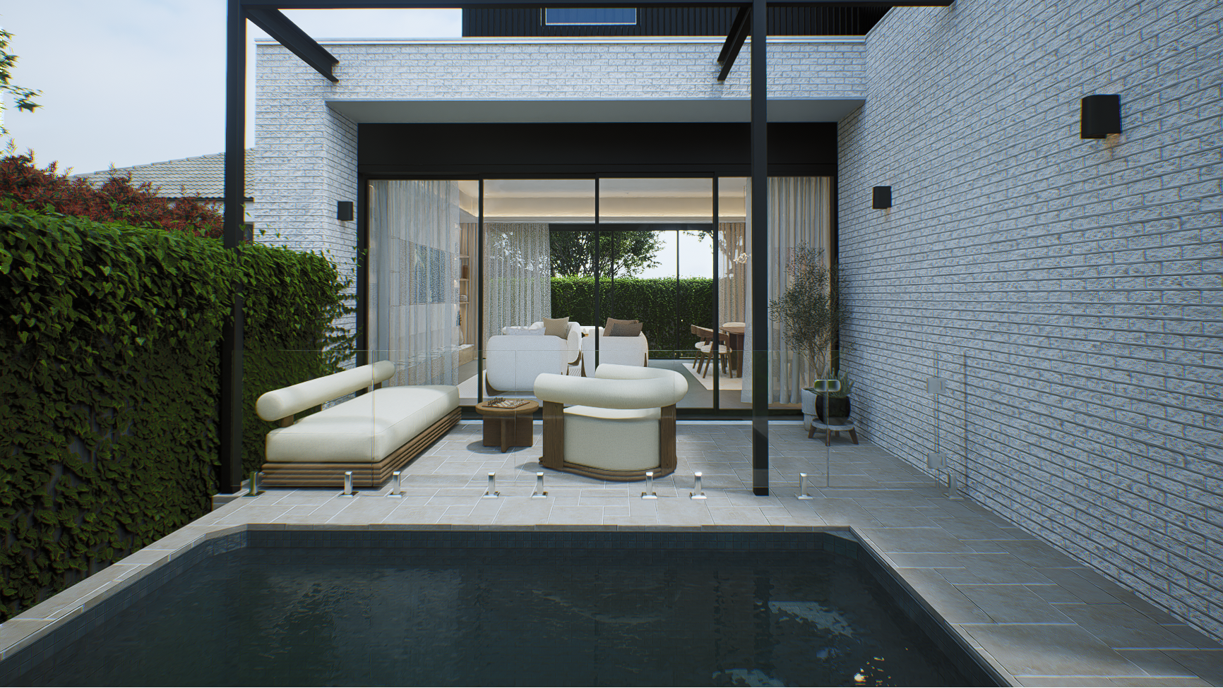 Albert Living Modern outdoor patio with pool area, lounge chairs, and glass doors leading to a living room.