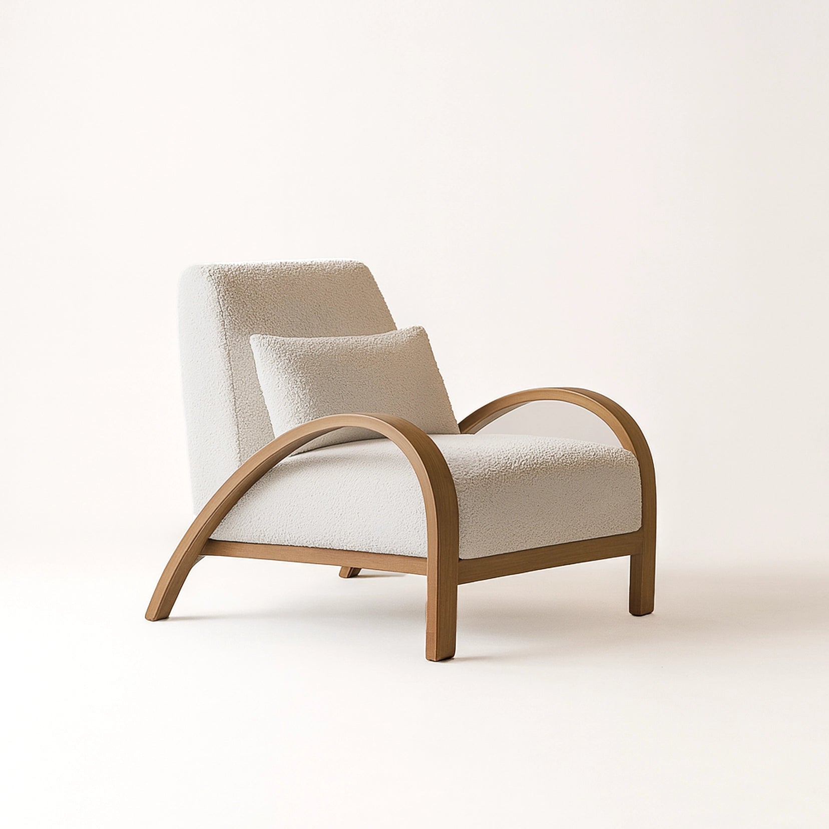 Beige armchair with wooden frame on a white background