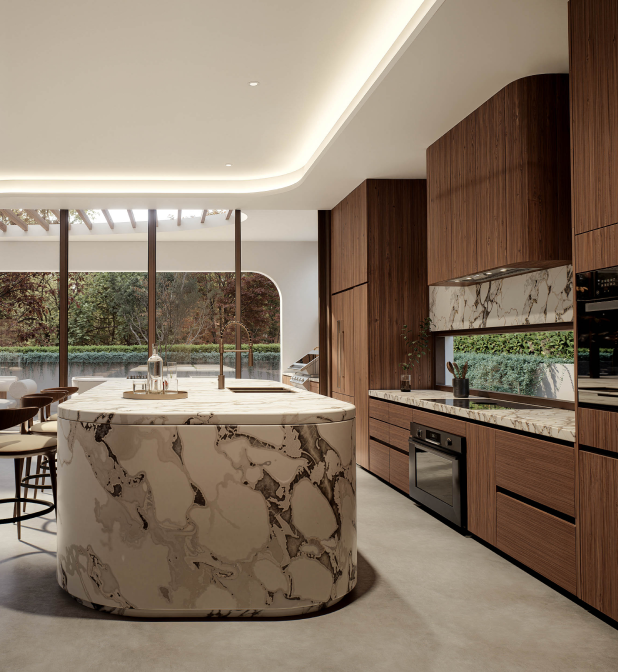 Luxury open plan kitchen featuring marble island and timber cabinetry at Moderno by Albert Living, a modern luxury residence in Melbourne.