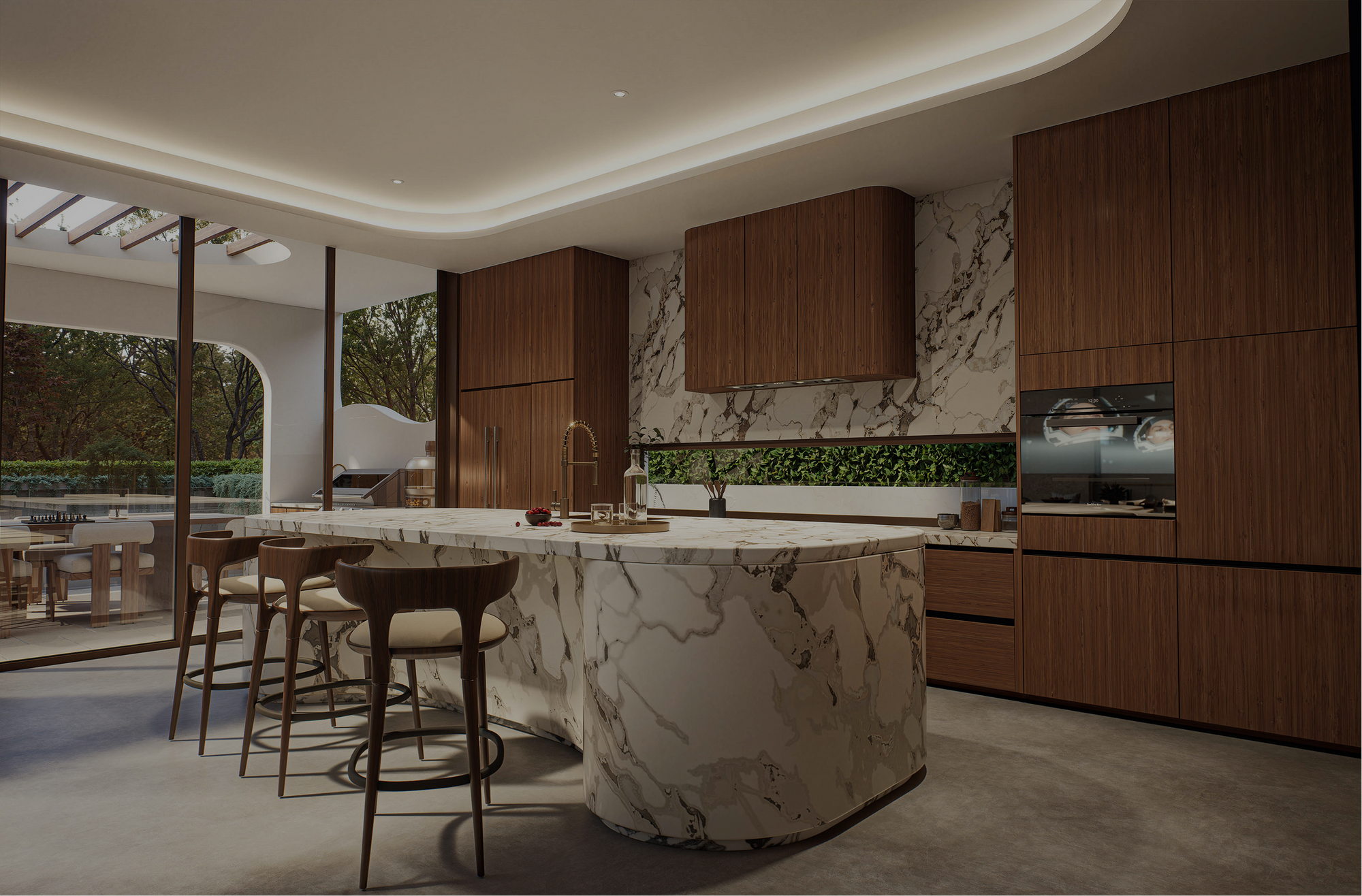 Luxury kitchen featuring open plan layout and stone island at Moderno by Albert Living, a modern luxury residence in Melbourne.