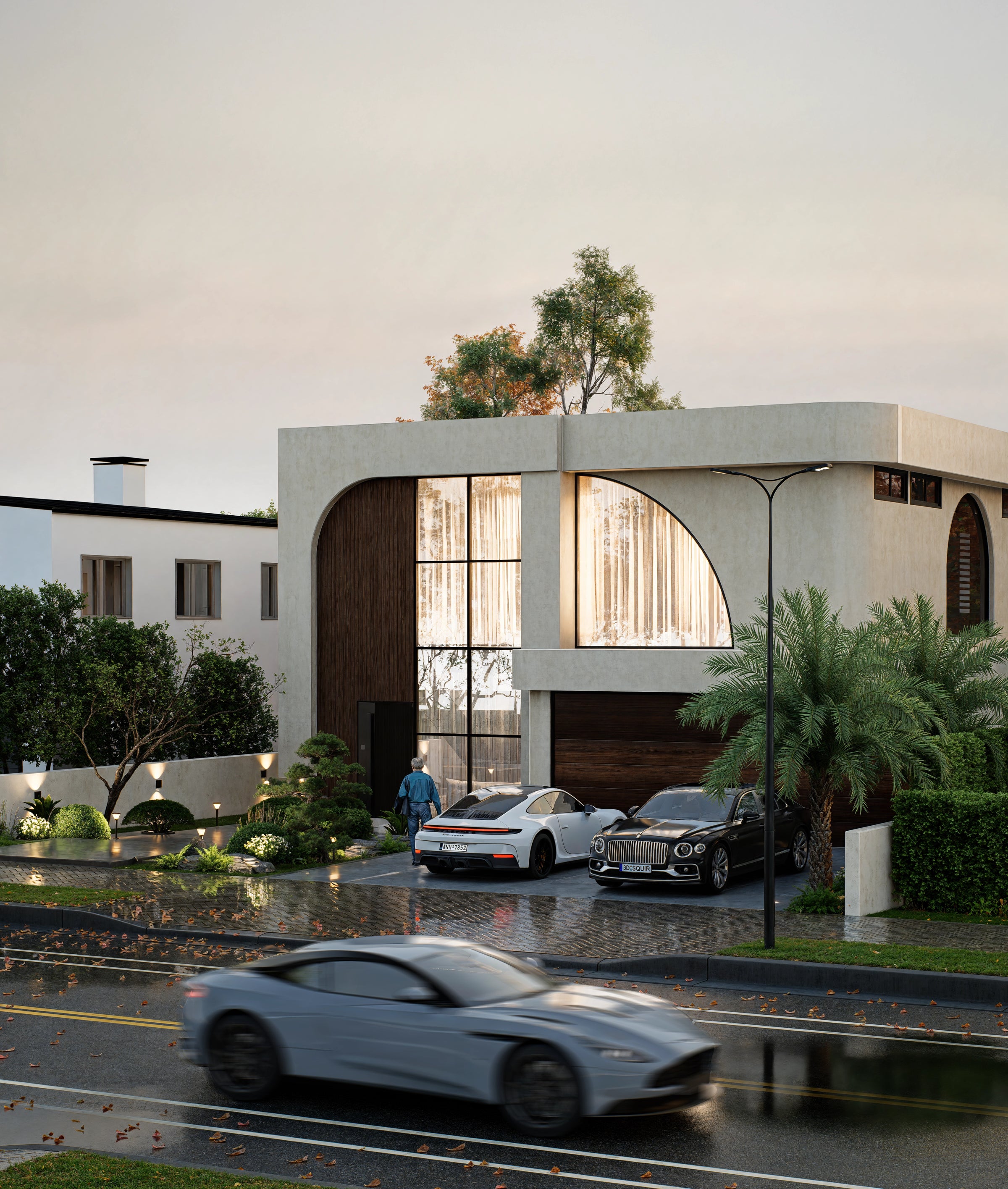 Albert Living Modern house with cars parked outside on a wet driveway