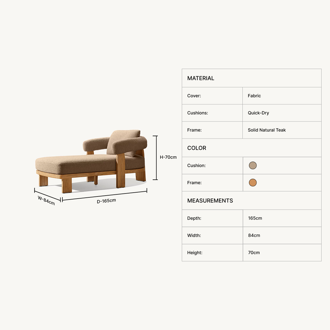 A furniture product diagram showing a chaise lounge chair with dimension labels (W 165cm, D 70cm, H 70cm) and a material/color information panel on a light gray background.