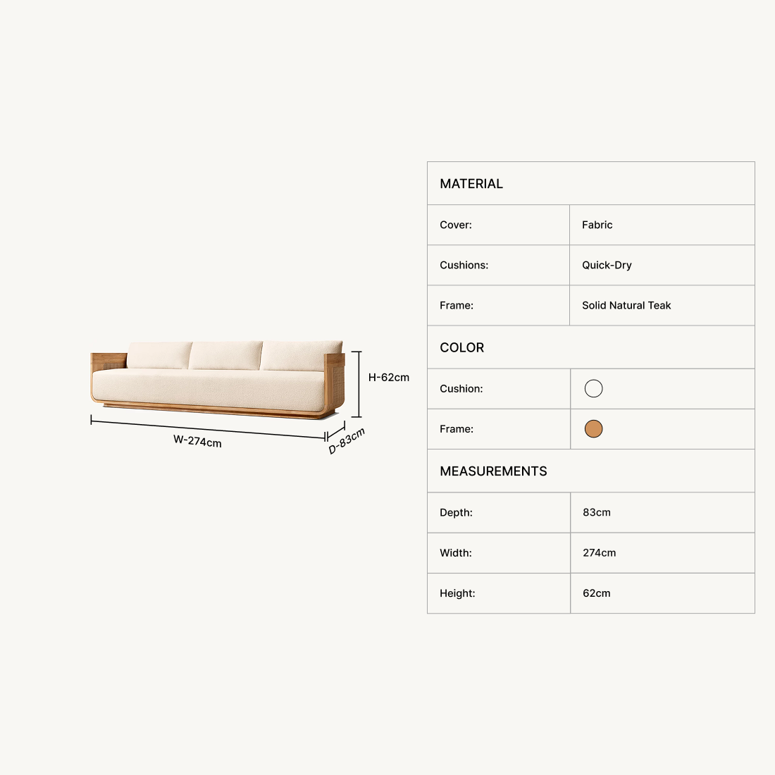 A product information graphic showing a sofa on the left with dimensions labeled (W-274cm, H-62cm, D-83cm) and a material/spec table on the right listing fabric, quick-dry cushions, solid natural teak frame, depth 83cm, width 274cm, and height 62cm.