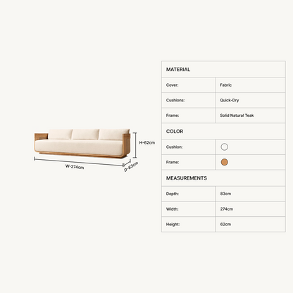 A product information graphic showing a sofa on the left with dimensions labeled (W-274cm, H-62cm, D-83cm) and a material/spec table on the right listing fabric, quick-dry cushions, solid natural teak frame, depth 83cm, width 274cm, and height 62cm.