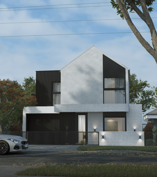 Luxury modern home facade featuring white brick and black cladding at 100 Derby Melbourne by Albert Living.
